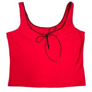 Vintage Red Corset Lace Trim Tie Front Babydoll Cami Tank L Y2K Vampy Whimsigoth